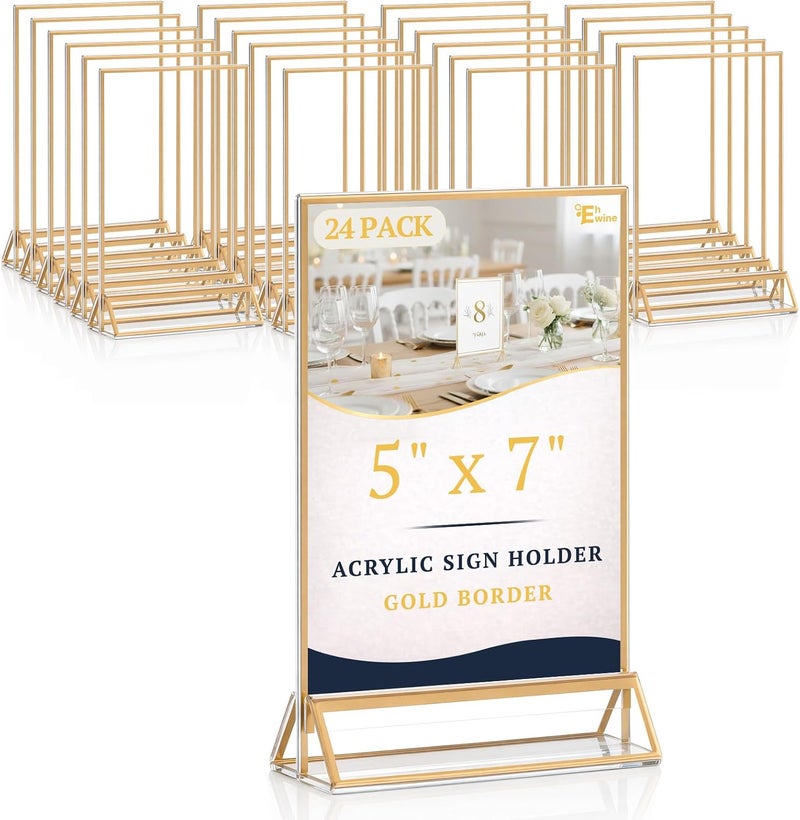 EHWINE 24 Pack Acrylic Sign Holder 5 x 7, Double Sided Gold Picture Frame Stand up Table Top Sign Holders, Clear Display Stand Menu Flyer Holder for Wedding Party - Image 1